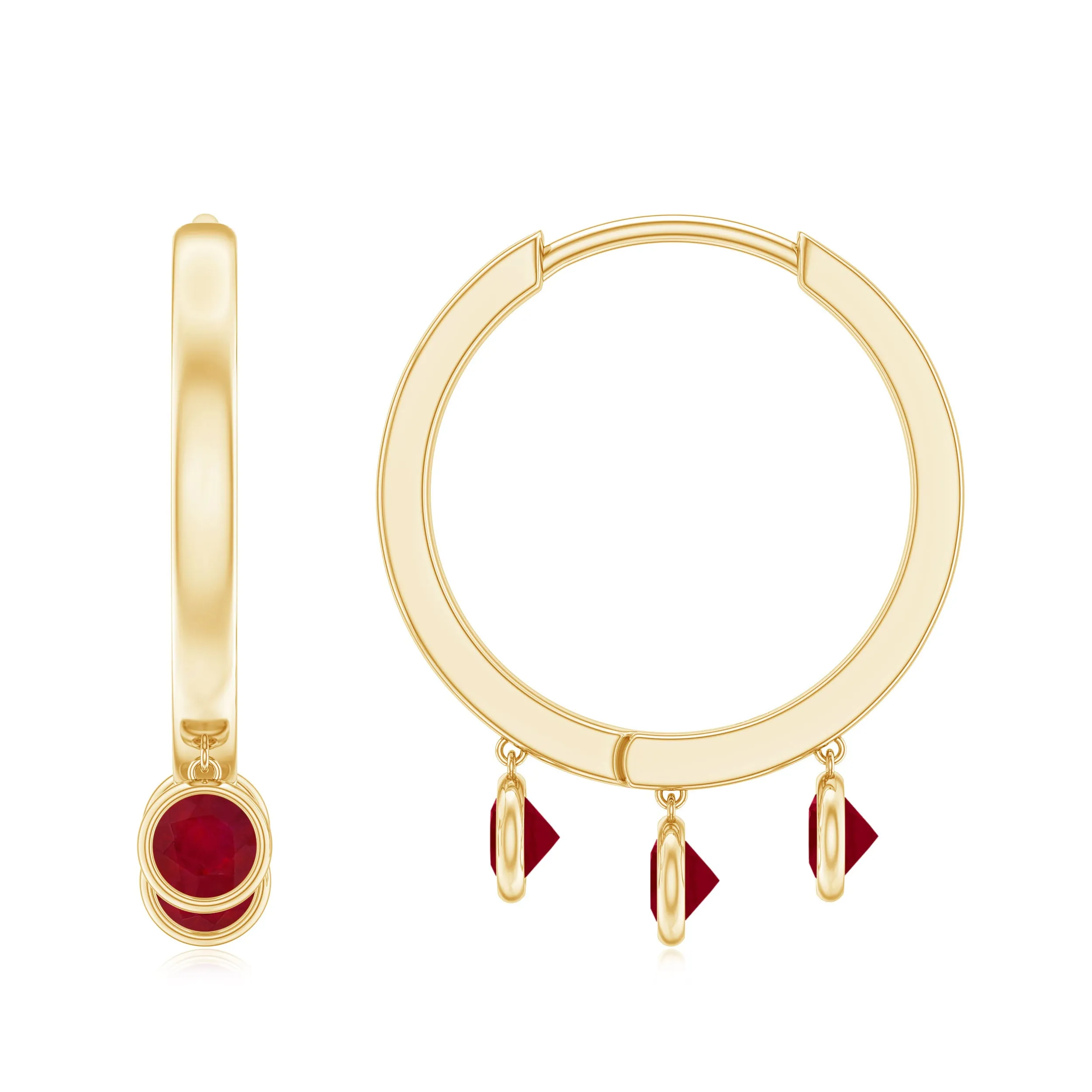 Ruby 3 Stone Hoop Drop Earrings in Bezel Setting
