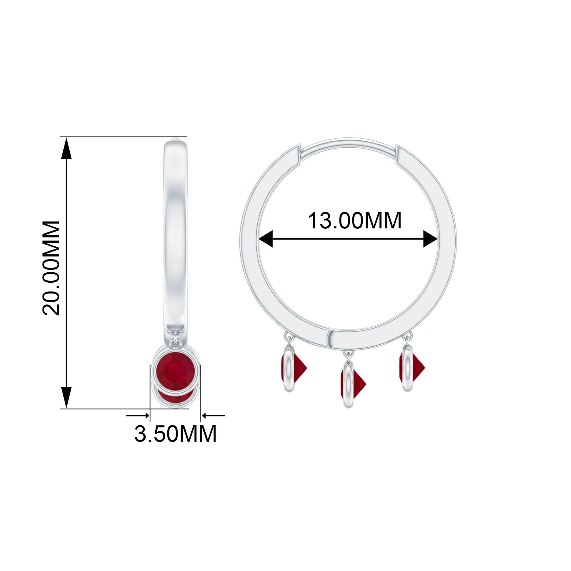 Ruby 3 Stone Hoop Drop Earrings in Bezel Setting