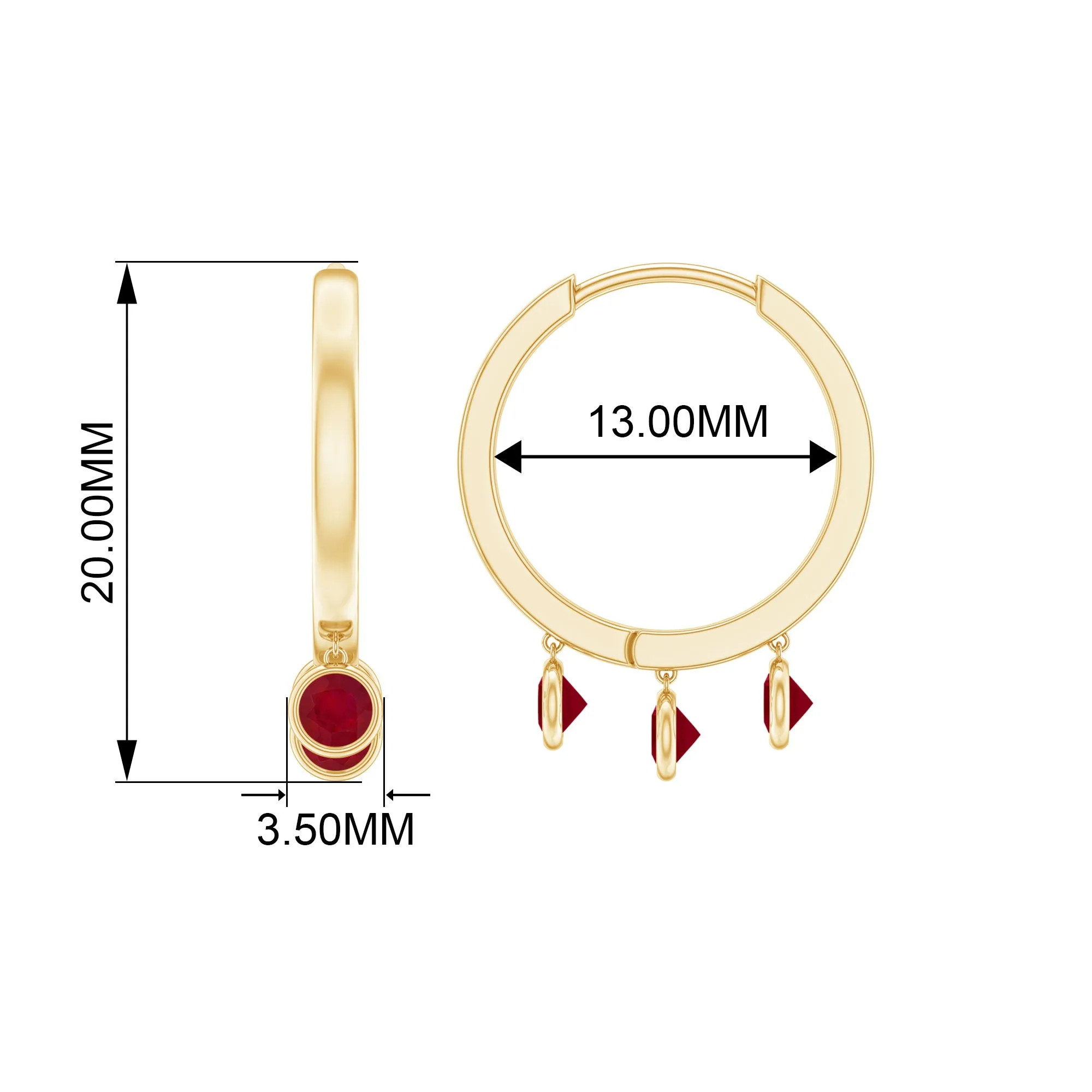 Ruby 3 Stone Hoop Drop Earrings in Bezel Setting