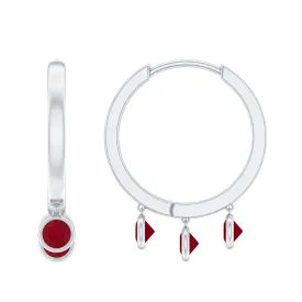 Ruby 3 Stone Hoop Drop Earrings in Bezel Setting