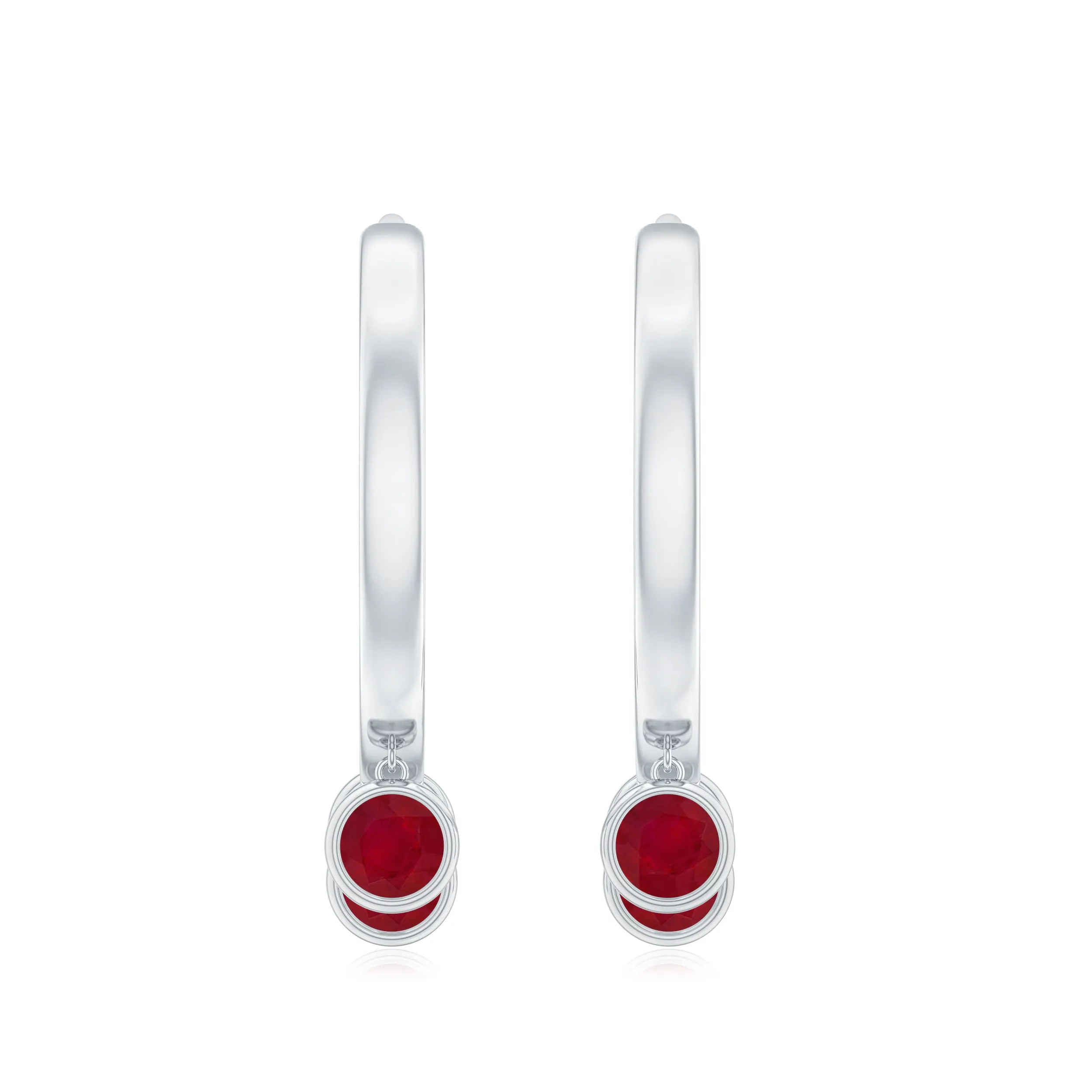Ruby 3 Stone Hoop Drop Earrings in Bezel Setting