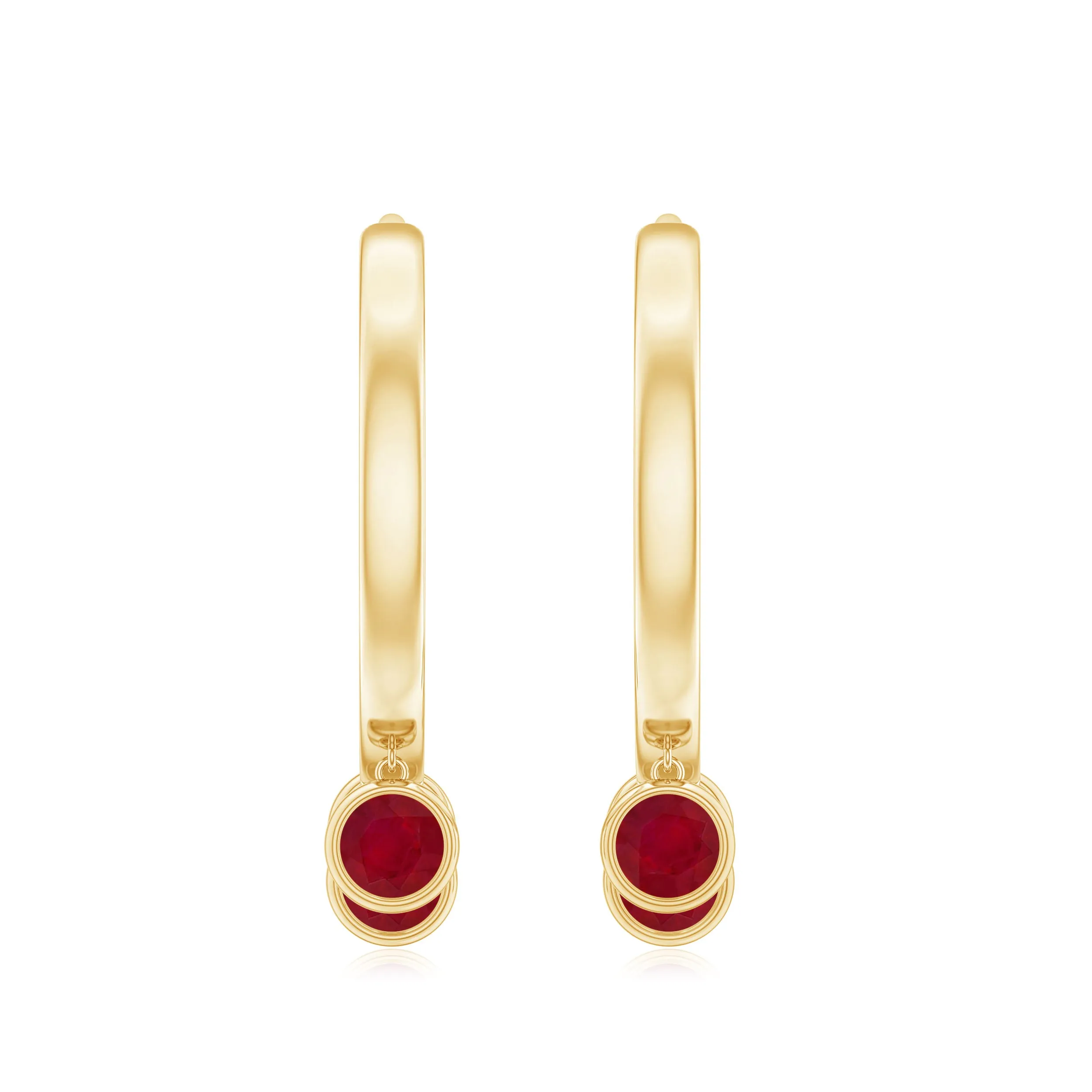 Ruby 3 Stone Hoop Drop Earrings in Bezel Setting