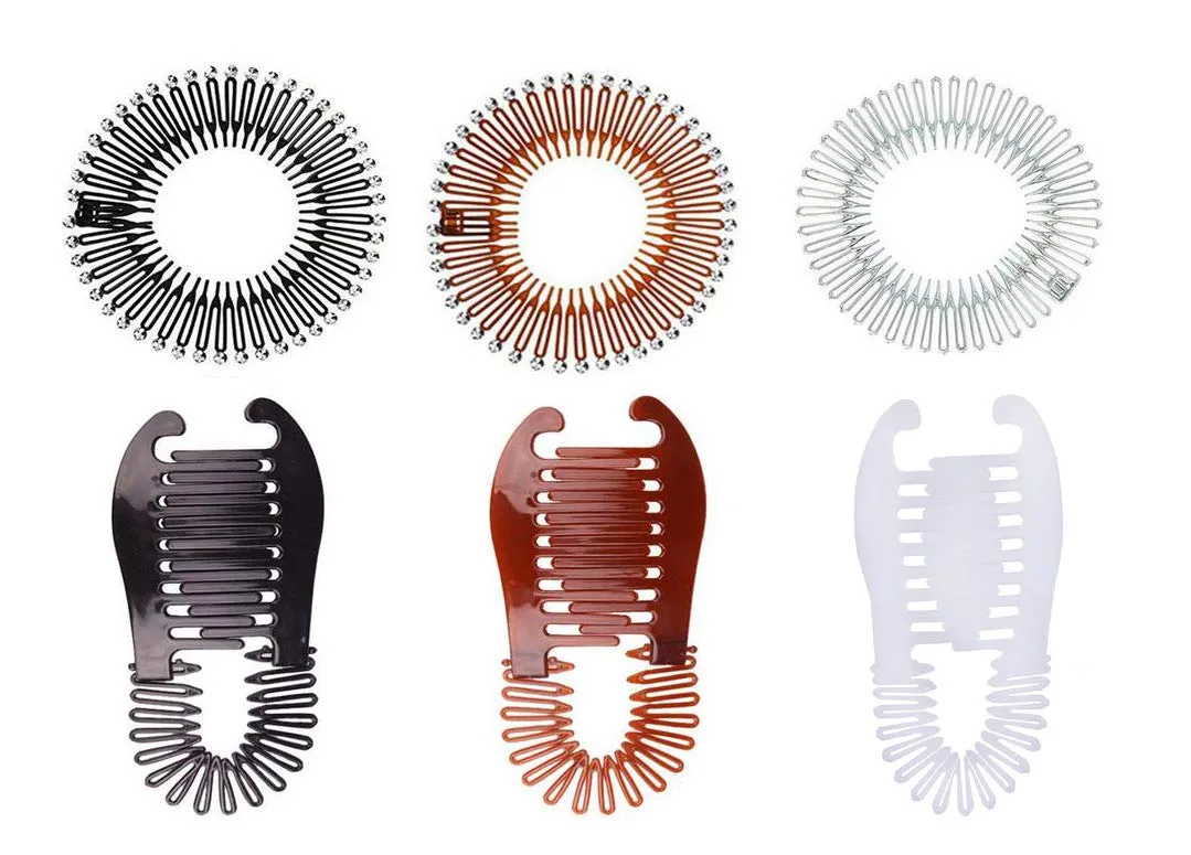 Set of 6 Women Lady Stretch Flexible Hair Combs Headband Interlocking Banana Clip Clincher Elongated Ponytail Holder and Full Circle Hair Comb Hair Hoop Hair Clip Spring Head Band with Deep Teeth