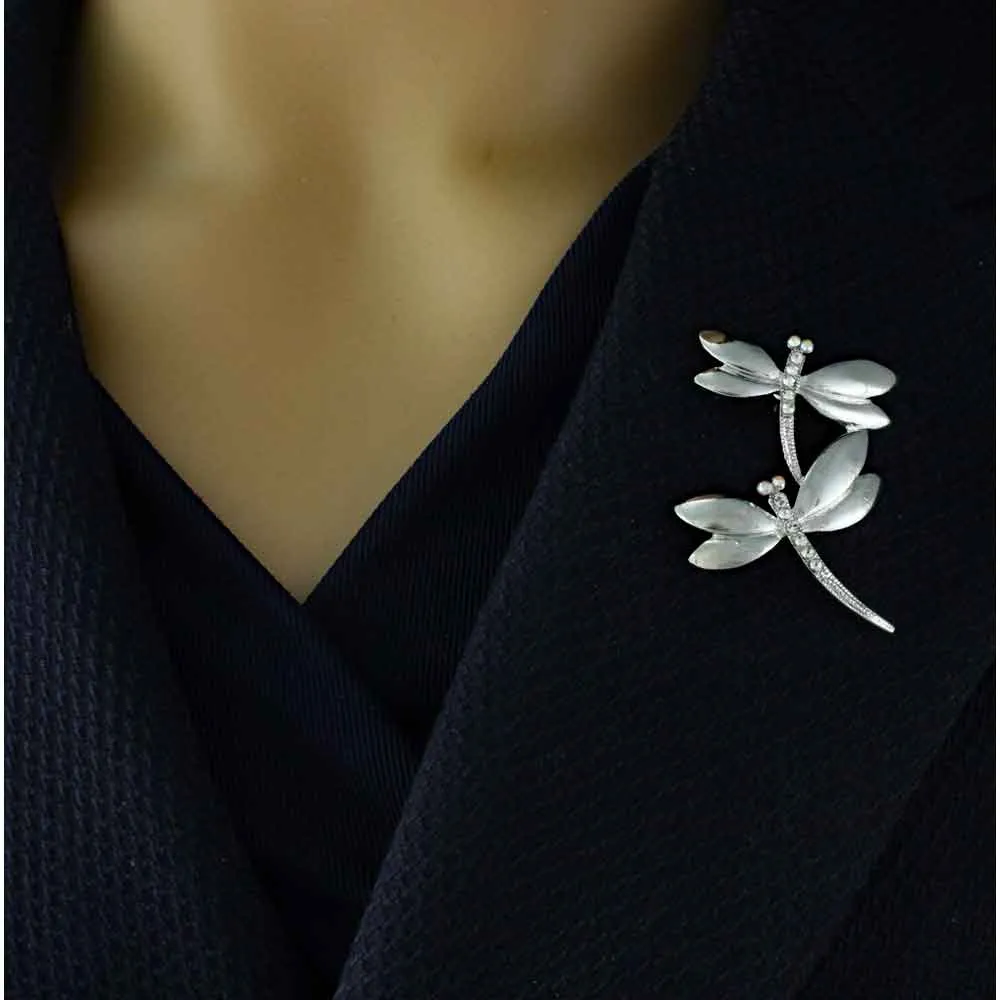 Silver Crystal Double Dragonflies Brooch Pin - PRI978D