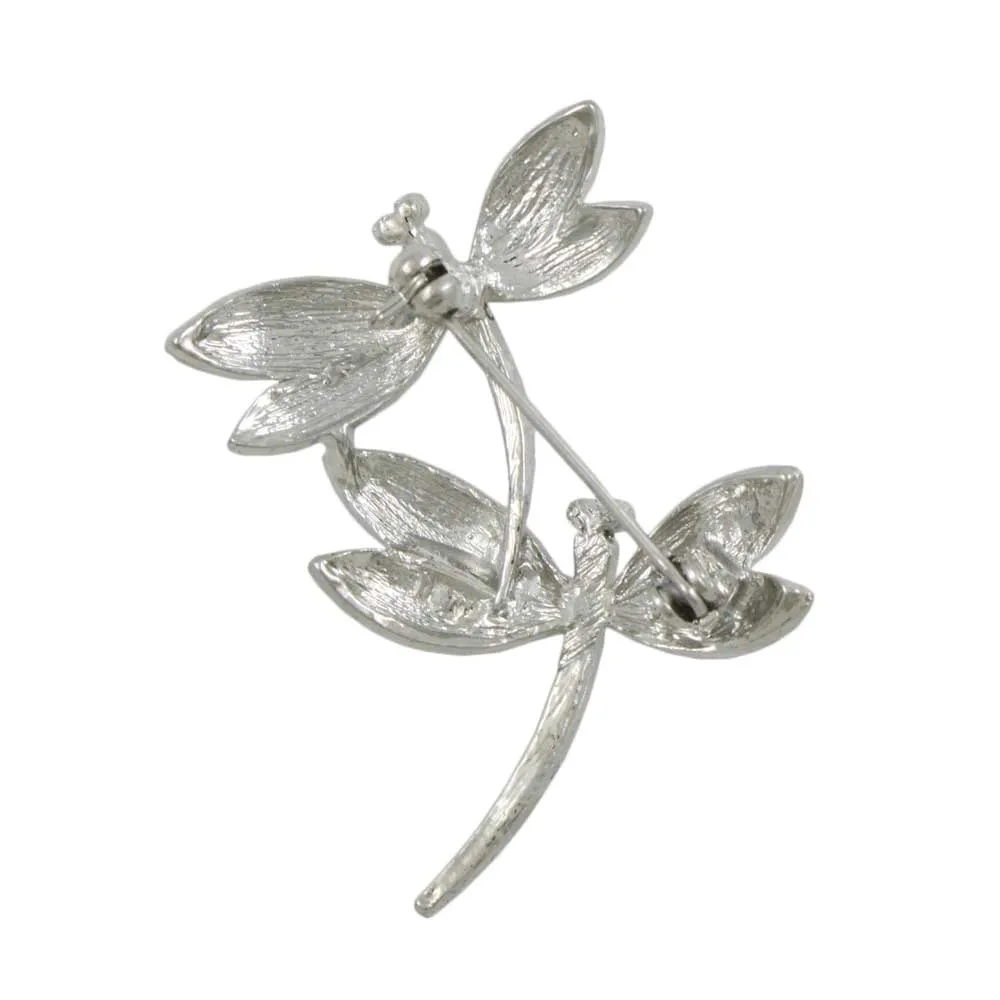 Silver Crystal Double Dragonflies Brooch Pin - PRI978D