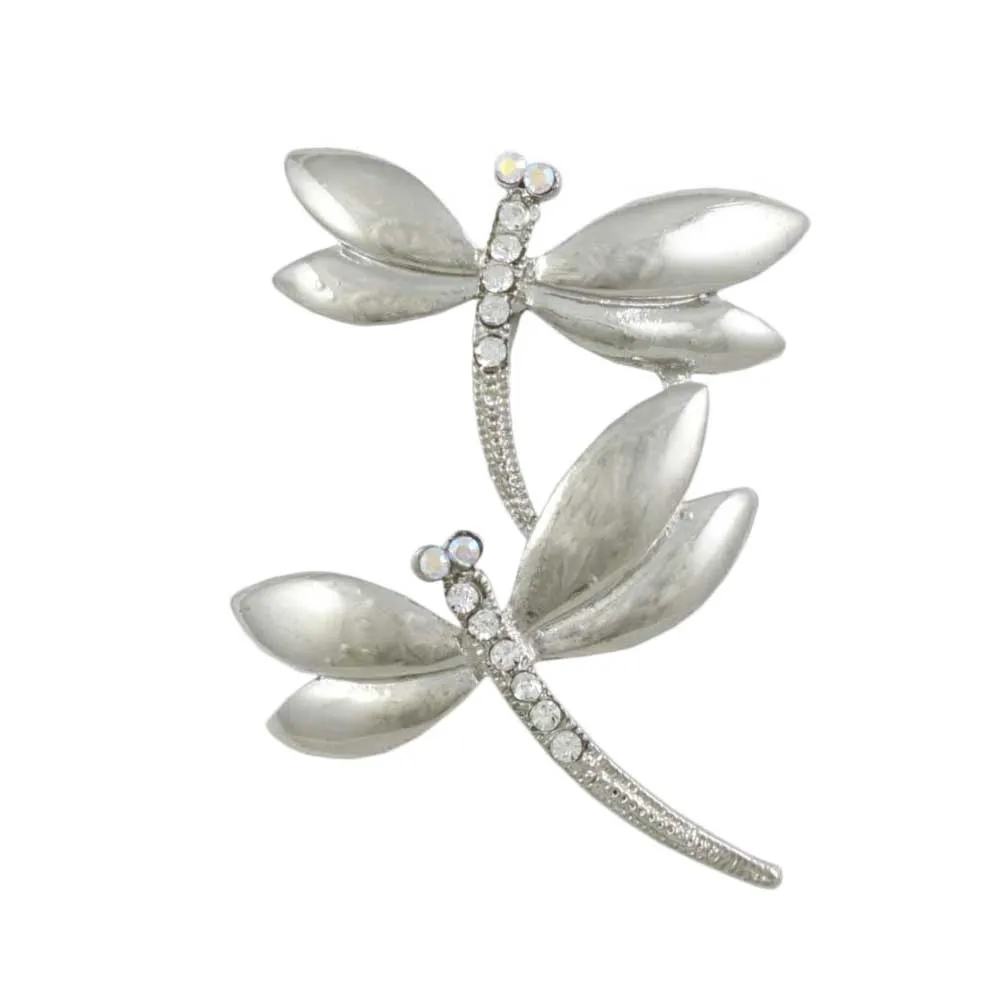 Silver Crystal Double Dragonflies Brooch Pin - PRI978D