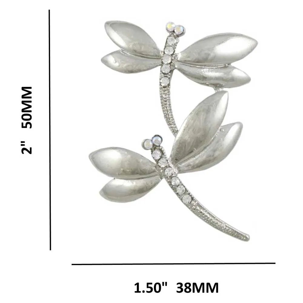 Silver Crystal Double Dragonflies Brooch Pin - PRI978D