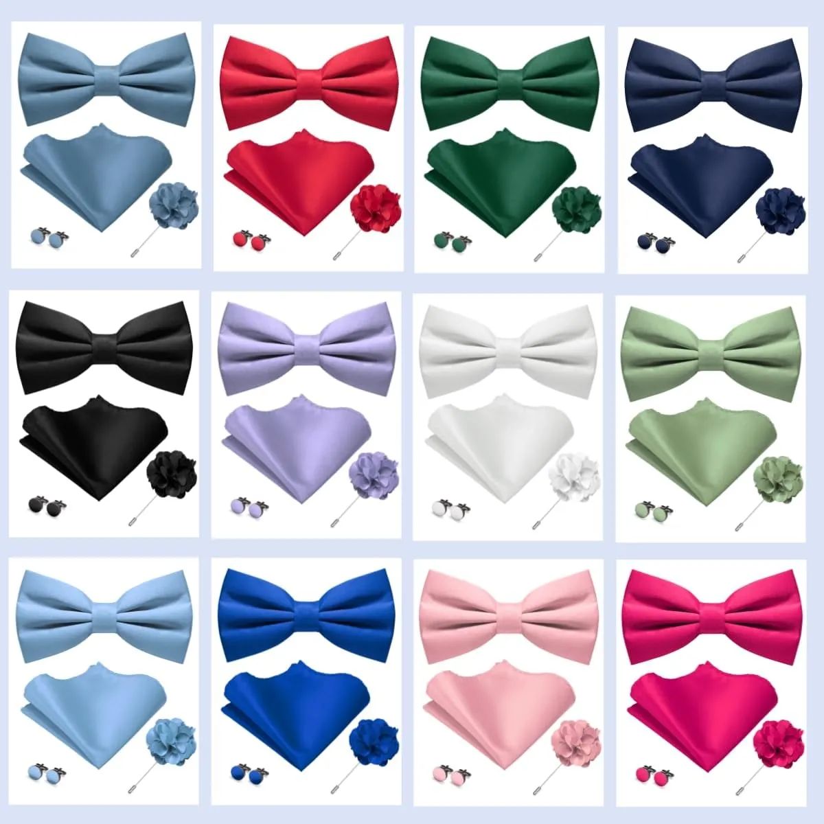 Solid Color Pre-tied Bow Tie and Pocket Square Cufflinks Lapel Pin Sets for Men 4PCS