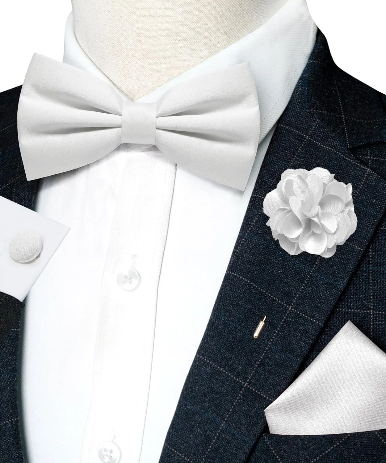 Solid Color Pre-tied Bow Tie and Pocket Square Cufflinks Lapel Pin Sets for Men 4PCS