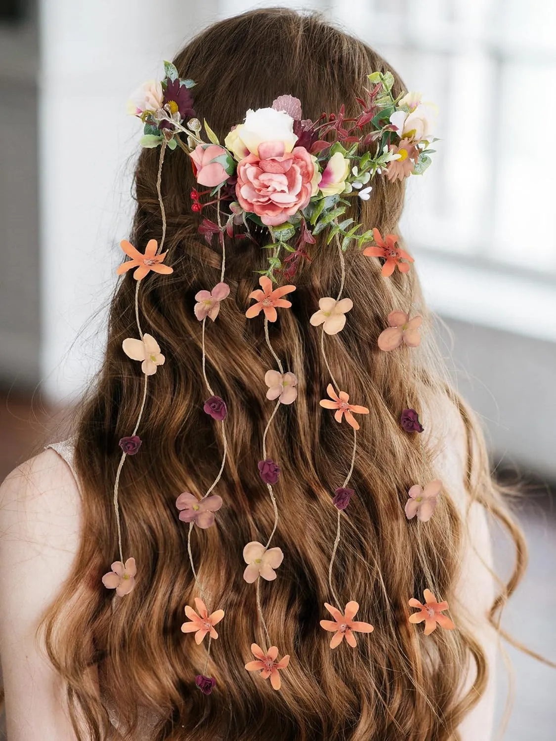 SWEETV Flower Bridal Hair Comb Rustic Wedding Hair Vine Headband Boho Wreath Tassel Hoop Floral Headpiece Party Photos Costume Crown Cosplay Accessories