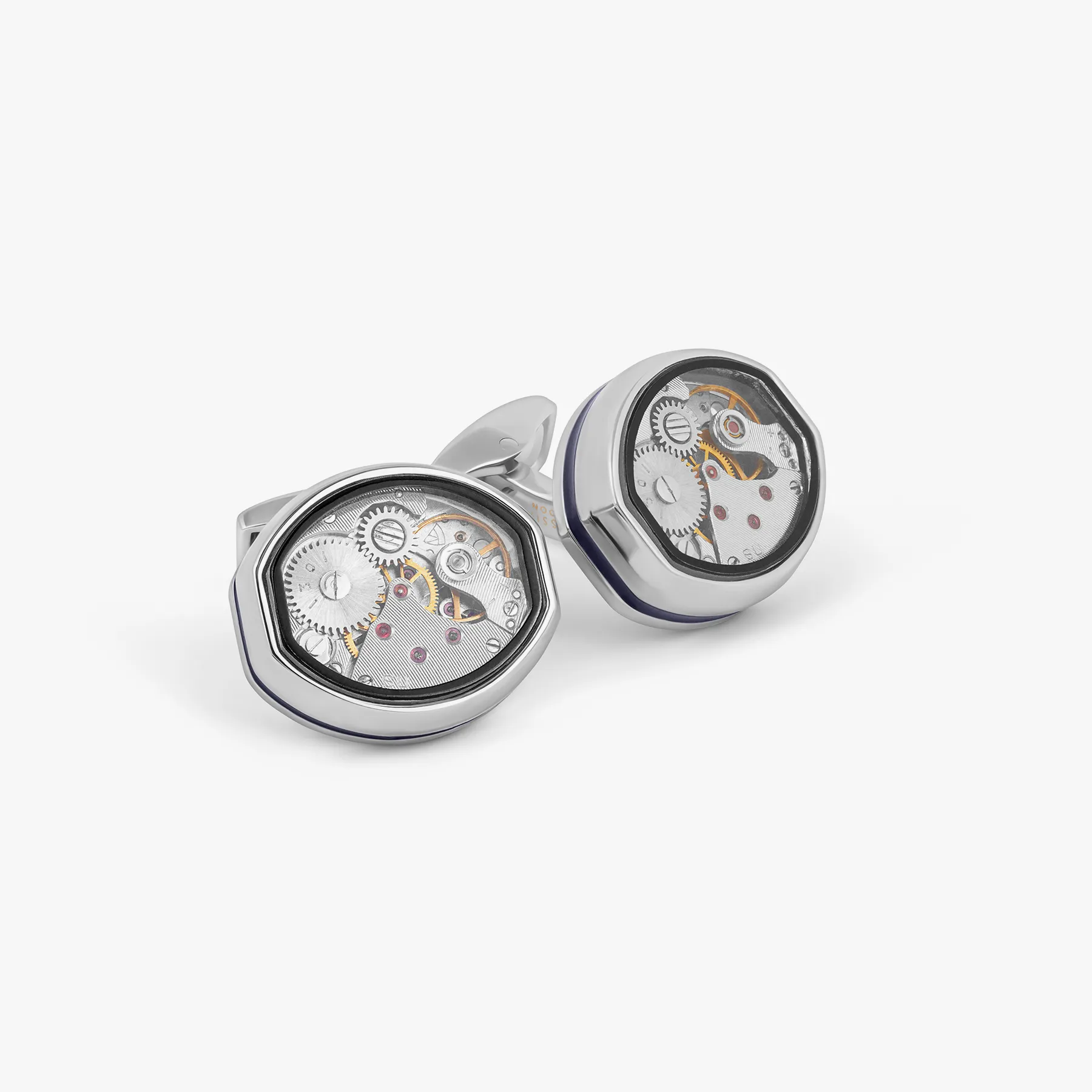 Tonneau Skeleton Cufflinks in Palladium & Blue Enamel