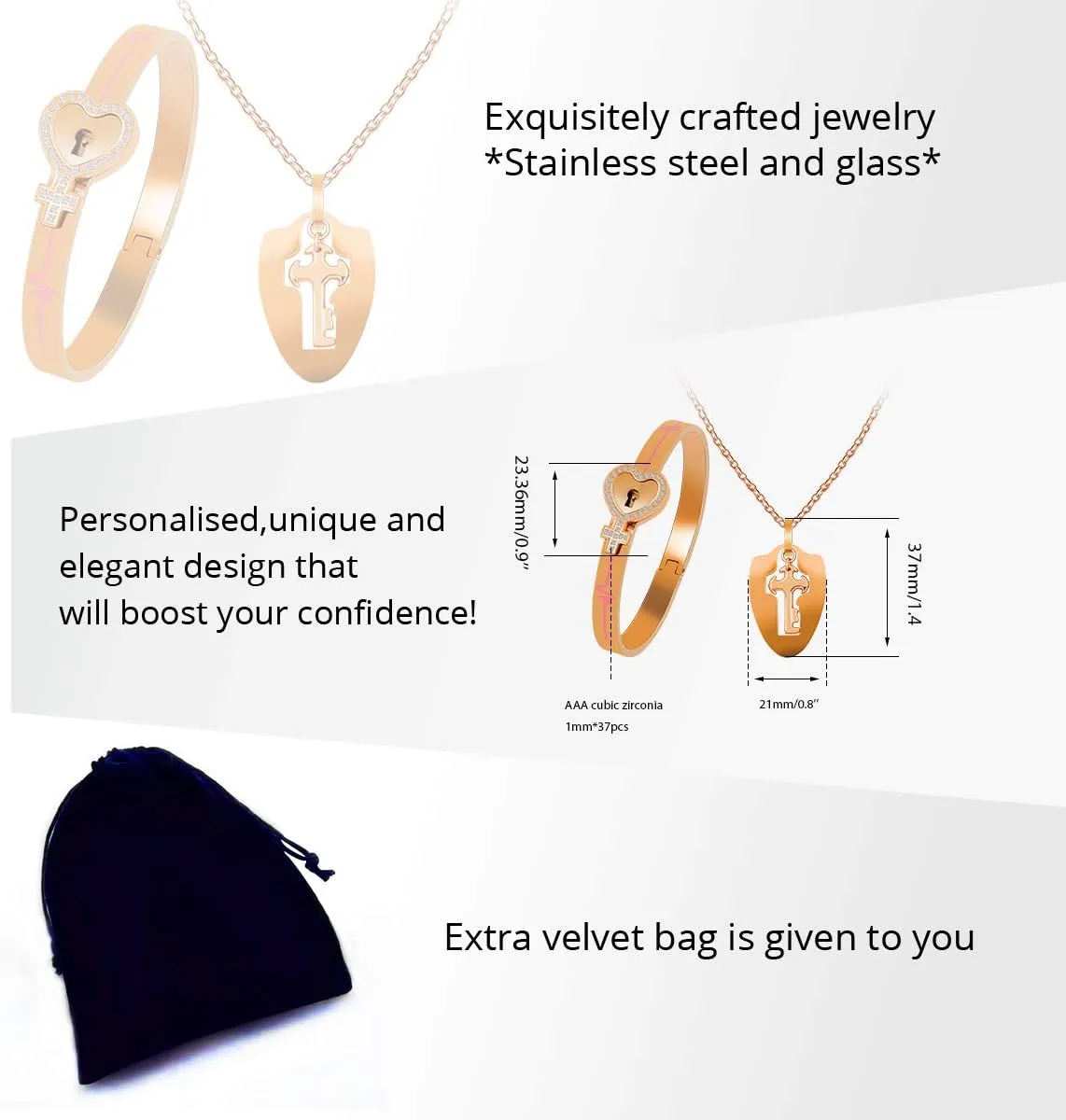 Uloveido Rose Gold Plated Titanium Matching Puzzle Couple Heart Lock Bracelet and Key Pendant Necklace for Men and Women