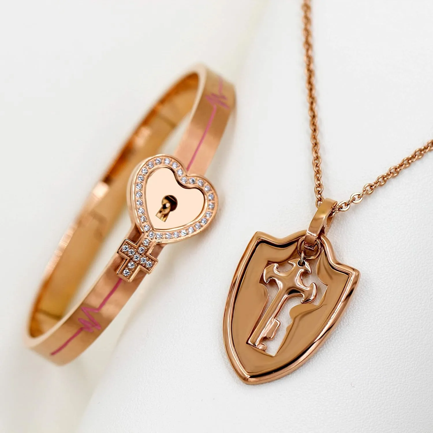 Uloveido Rose Gold Plated Titanium Matching Puzzle Couple Heart Lock Bracelet and Key Pendant Necklace for Men and Women