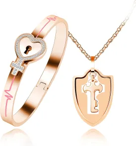 Uloveido Rose Gold Plated Titanium Matching Puzzle Couple Heart Lock Bracelet and Key Pendant Necklace for Men and Women