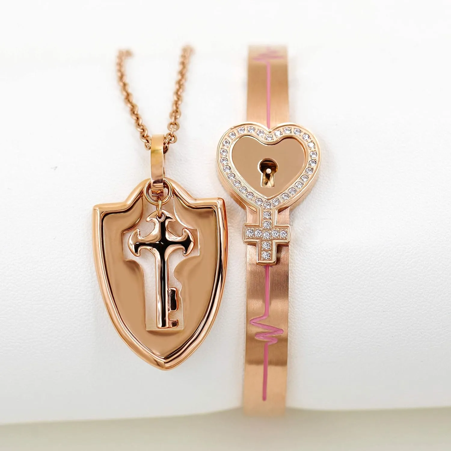 Uloveido Rose Gold Plated Titanium Matching Puzzle Couple Heart Lock Bracelet and Key Pendant Necklace for Men and Women