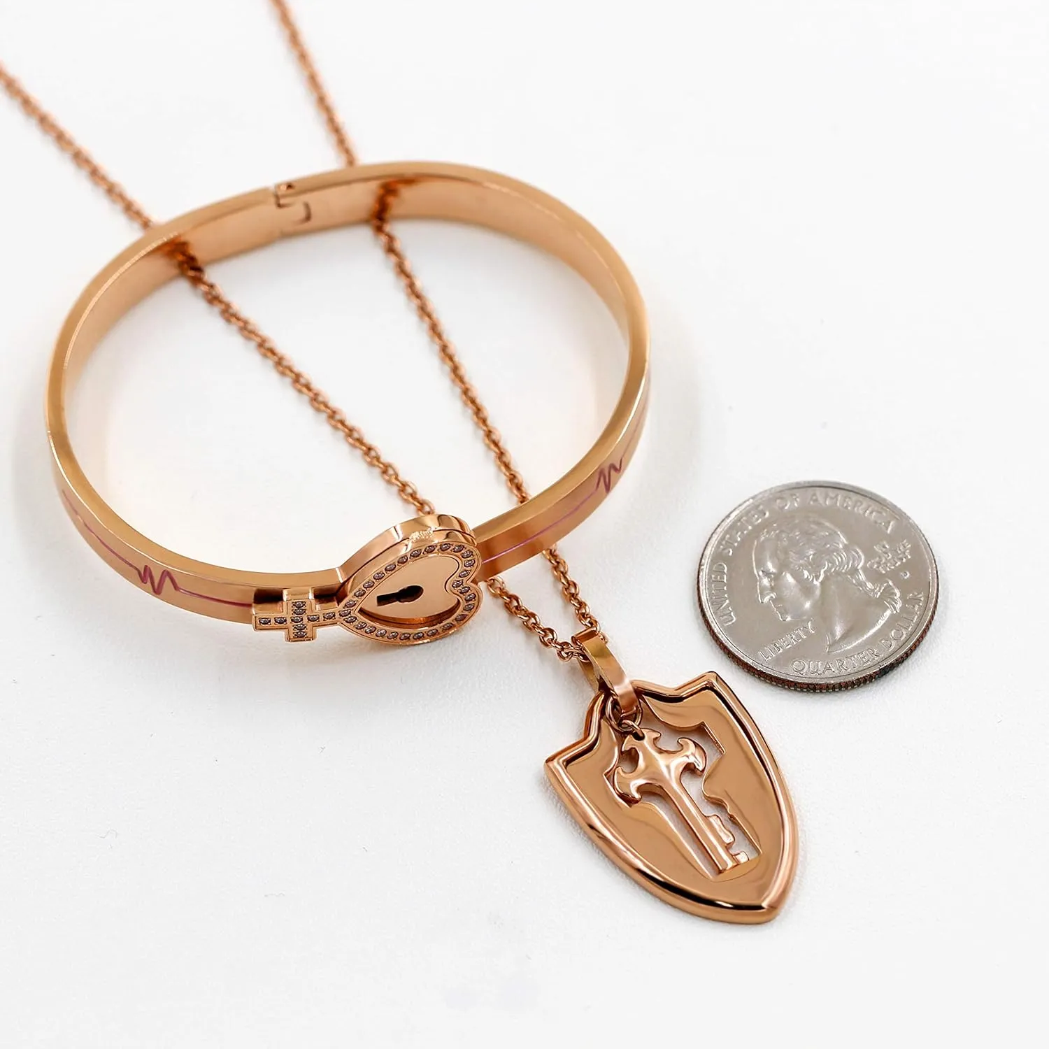 Uloveido Rose Gold Plated Titanium Matching Puzzle Couple Heart Lock Bracelet and Key Pendant Necklace for Men and Women