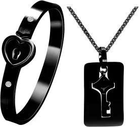 Uloveido Rose Gold Plated Titanium Matching Puzzle Couple Heart Lock Bracelet and Key Pendant Necklace for Men and Women