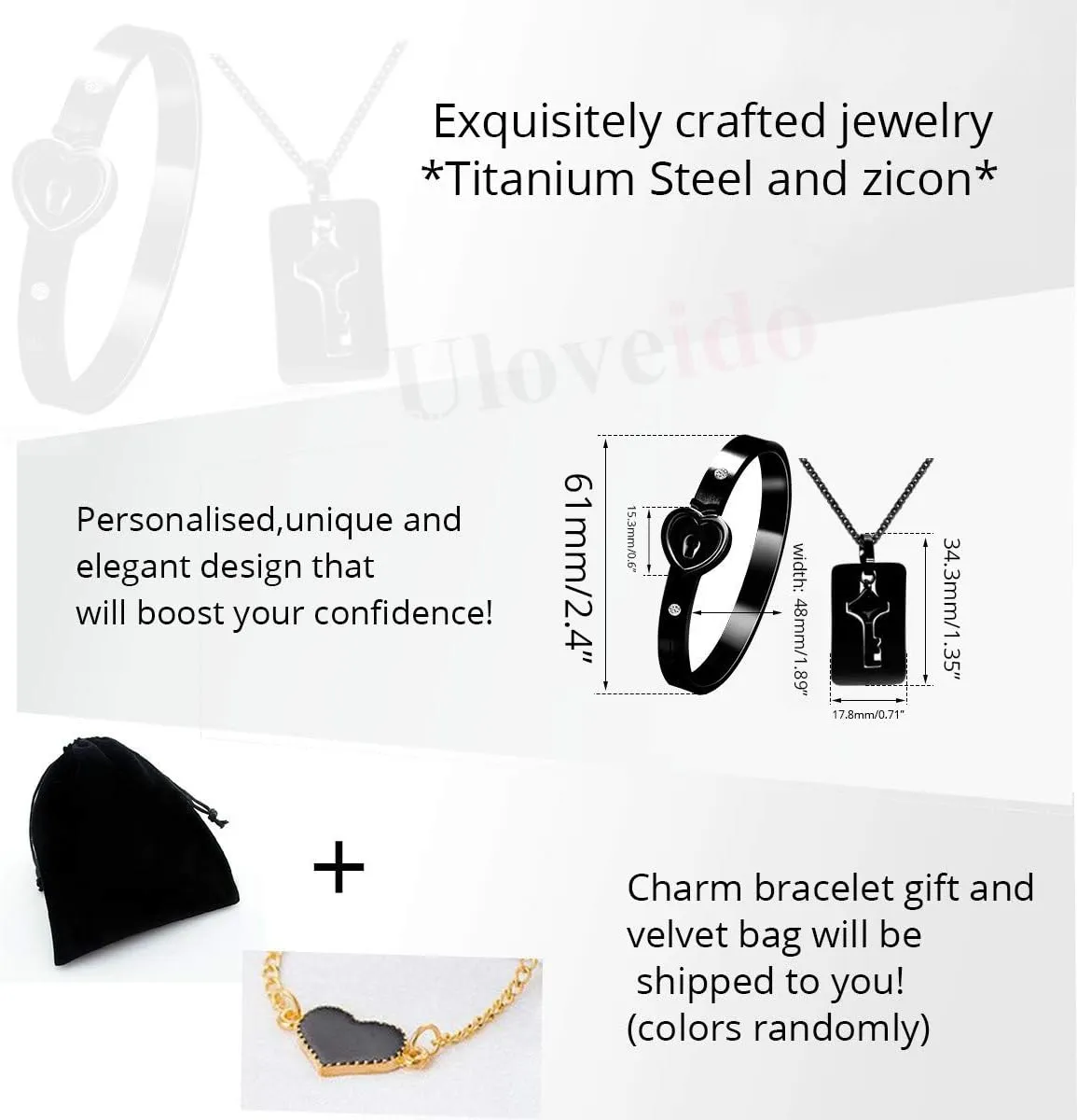Uloveido Rose Gold Plated Titanium Matching Puzzle Couple Heart Lock Bracelet and Key Pendant Necklace for Men and Women