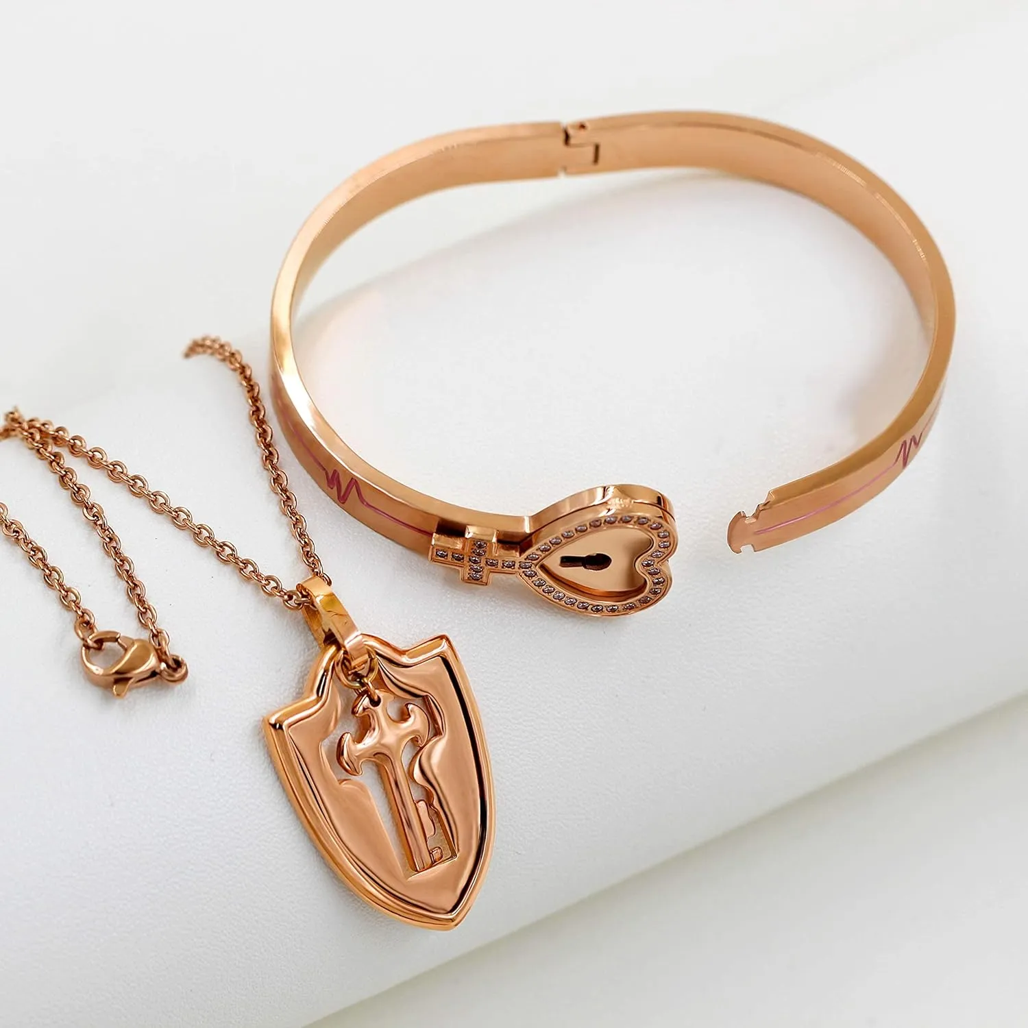 Uloveido Rose Gold Plated Titanium Matching Puzzle Couple Heart Lock Bracelet and Key Pendant Necklace for Men and Women