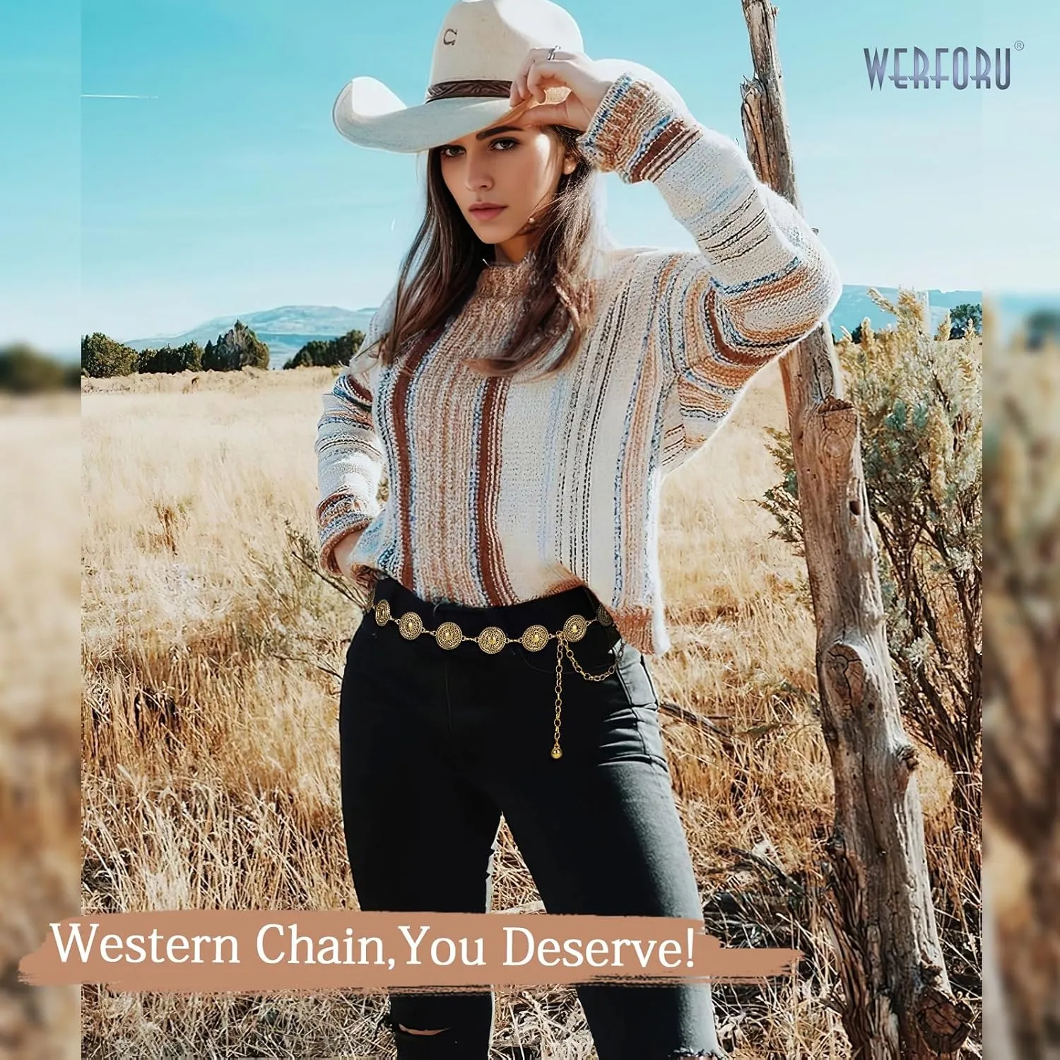 WERFORU Women Gold Silver Metal Concho Chain Belt Western Cowgirl Country Boho Waist Belt for Dress Jeans