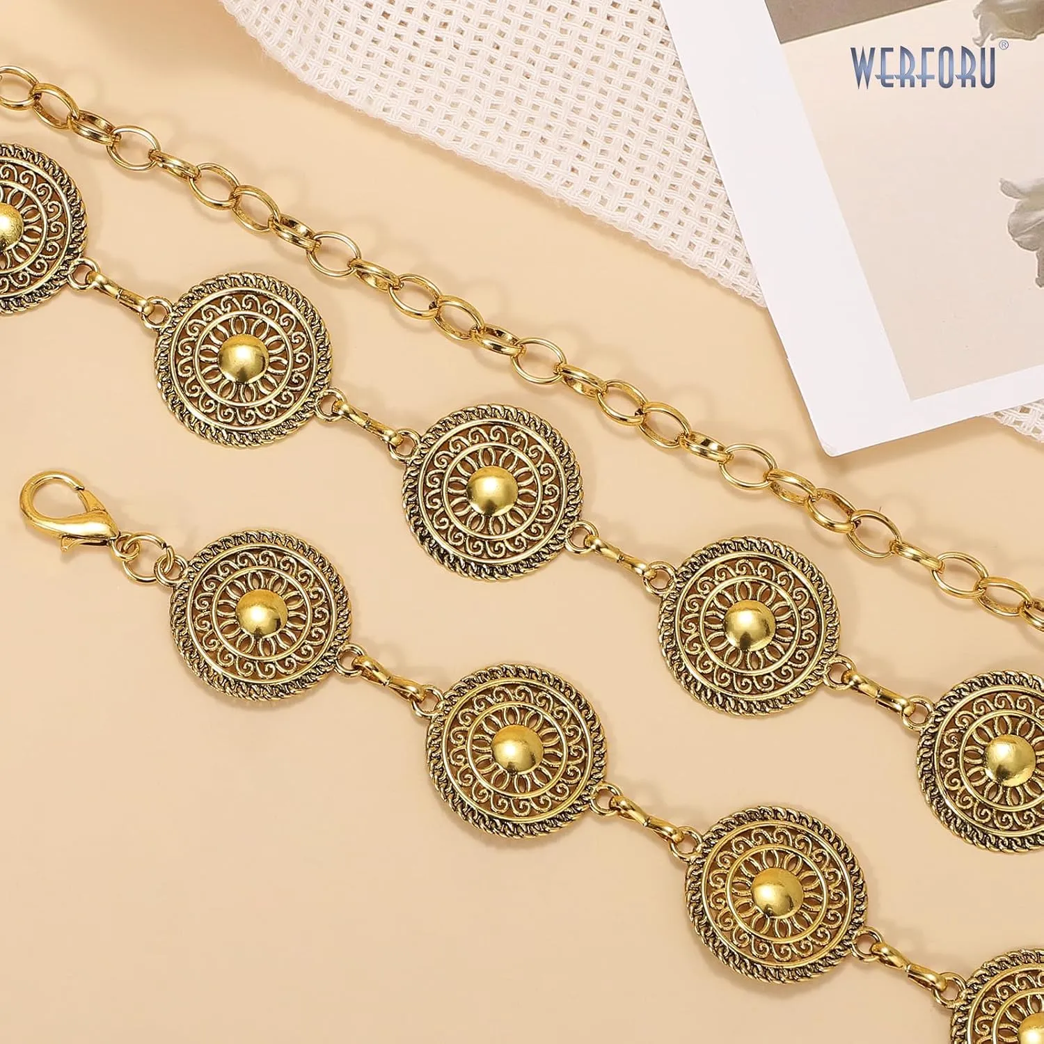 WERFORU Women Gold Silver Metal Concho Chain Belt Western Cowgirl Country Boho Waist Belt for Dress Jeans