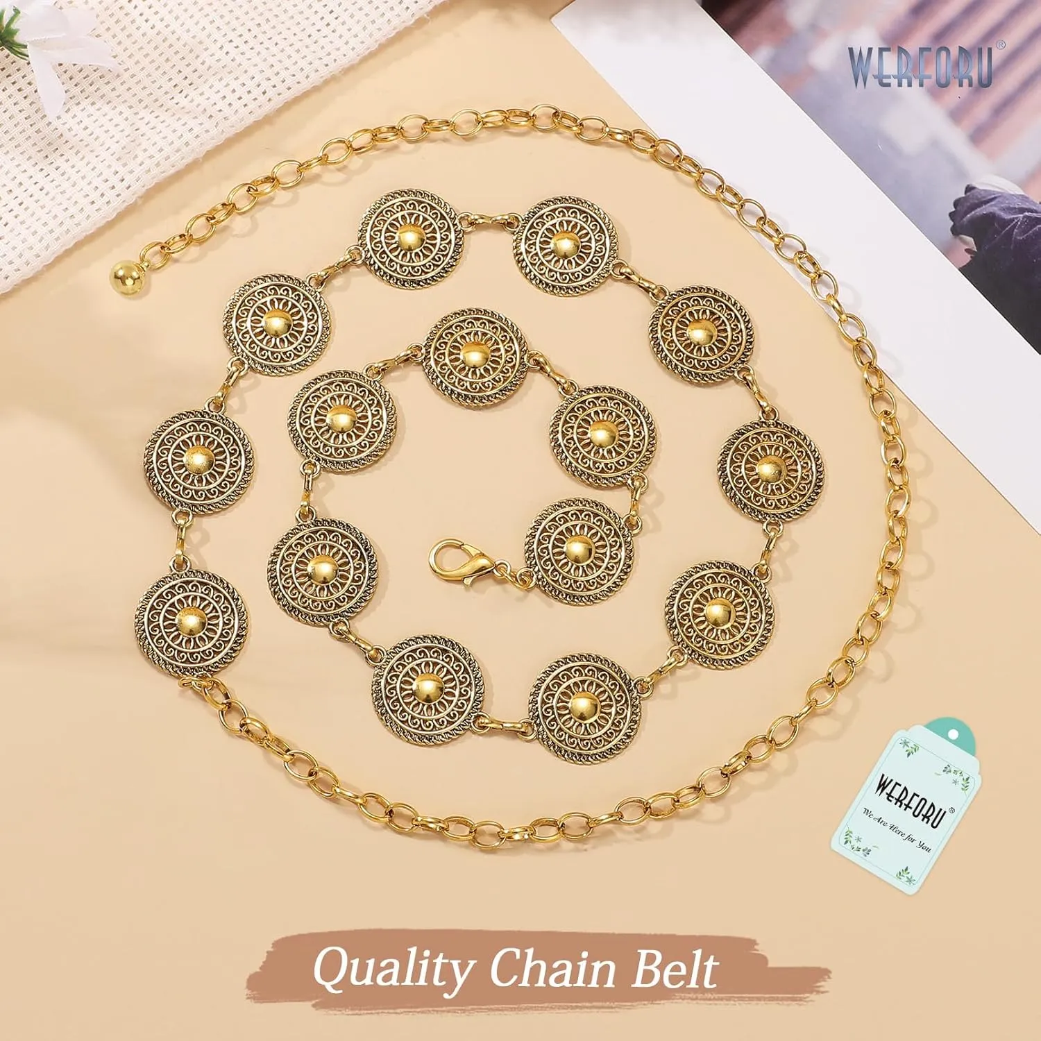 WERFORU Women Gold Silver Metal Concho Chain Belt Western Cowgirl Country Boho Waist Belt for Dress Jeans