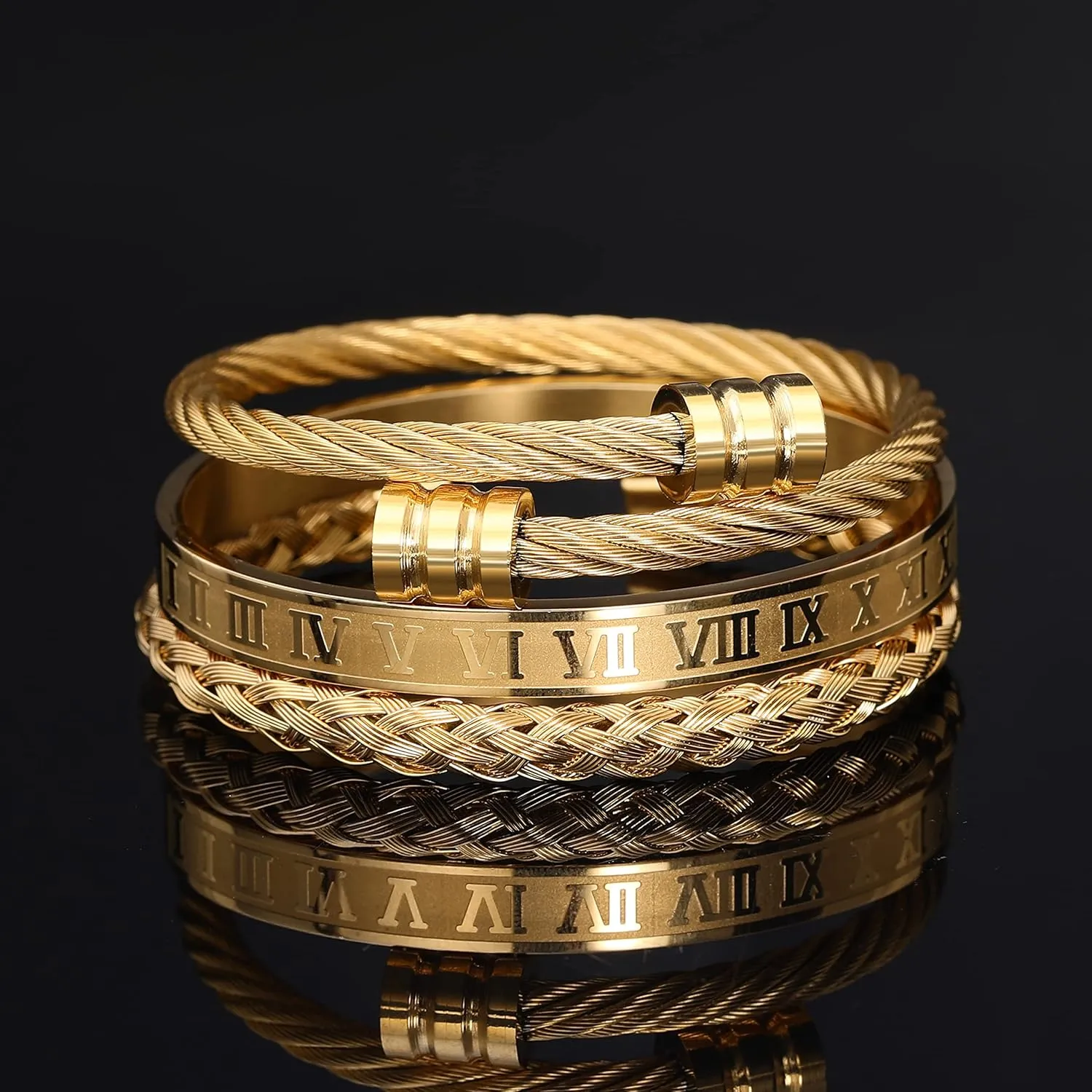 WFYOU 3PCS Stainless Steel Bracelets for Men Gold Roman Numeral Bangle Bracelet Twisted Cable Bracelet Adjustable Cuff Bracelet Mens Luxury Jewelry Bracelets Gifts