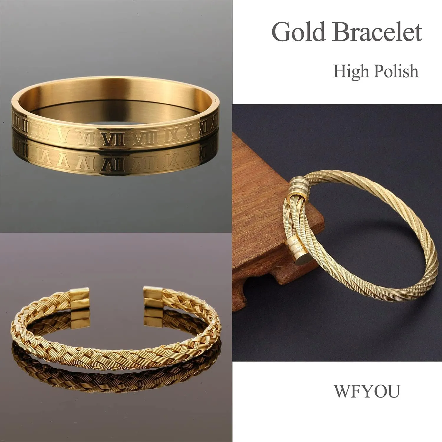 WFYOU 3PCS Stainless Steel Bracelets for Men Gold Roman Numeral Bangle Bracelet Twisted Cable Bracelet Adjustable Cuff Bracelet Mens Luxury Jewelry Bracelets Gifts