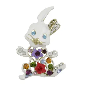 White Enamel Jeweled Belly Easter Bunny Brooch Pin - PRA512B