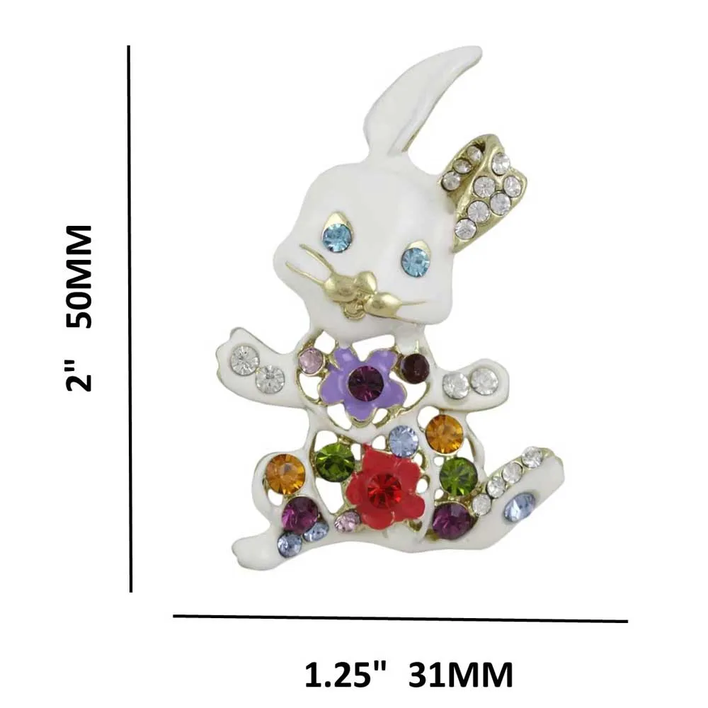 White Enamel Jeweled Belly Easter Bunny Brooch Pin - PRA512B