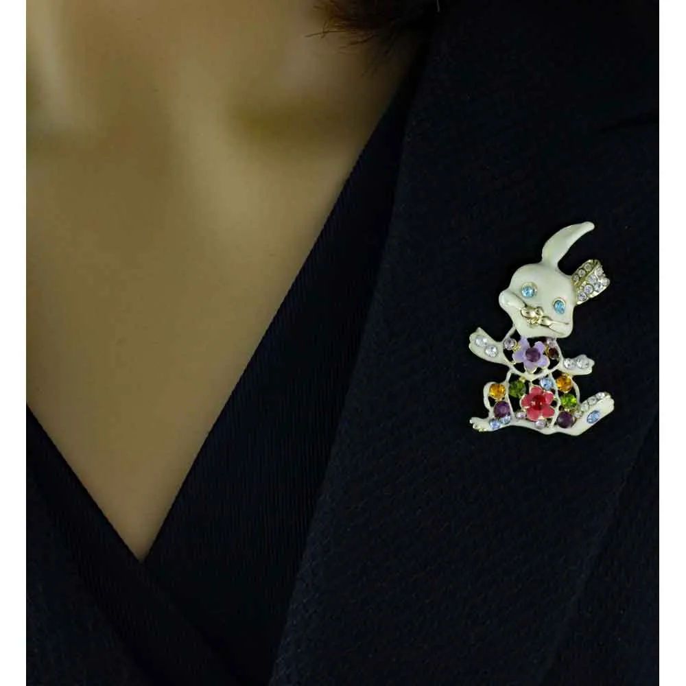 White Enamel Jeweled Belly Easter Bunny Brooch Pin - PRA512B