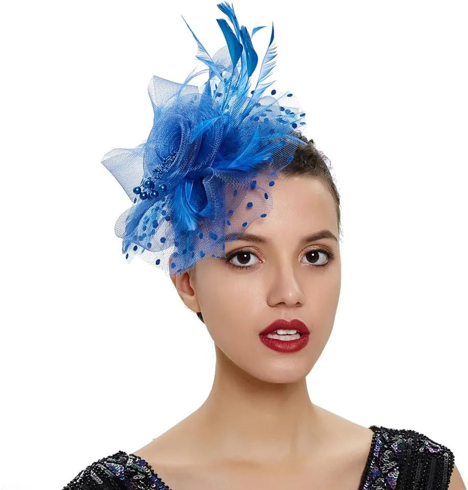Women Fascinator Feather Flower Hair Clip Pin Brooch Corsage for Bridal Hairband Derby Hat Cocktail Party Wedding