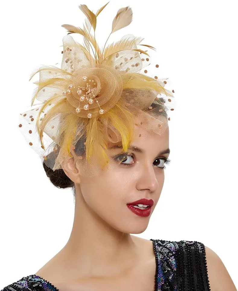 Women Fascinator Feather Flower Hair Clip Pin Brooch Corsage for Bridal Hairband Derby Hat Cocktail Party Wedding