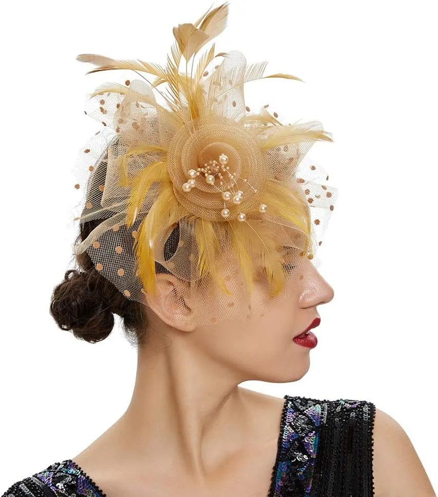 Women Fascinator Feather Flower Hair Clip Pin Brooch Corsage for Bridal Hairband Derby Hat Cocktail Party Wedding