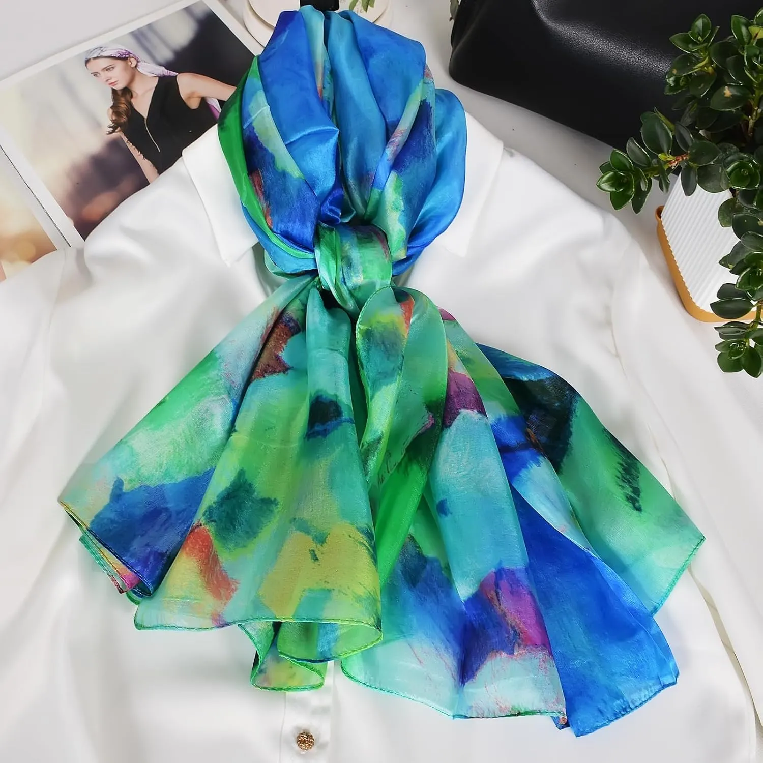 Women's 100% Mulberry Silk Long Scarf-Floral Print Lightweight Scarves-Oblong Summer Travel Sunscreen Shawl 69" x 43"