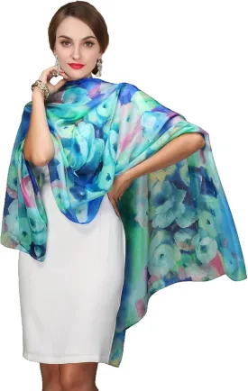 Women's 100% Mulberry Silk Long Scarf-Floral Print Lightweight Scarves-Oblong Summer Travel Sunscreen Shawl 69" x 43"
