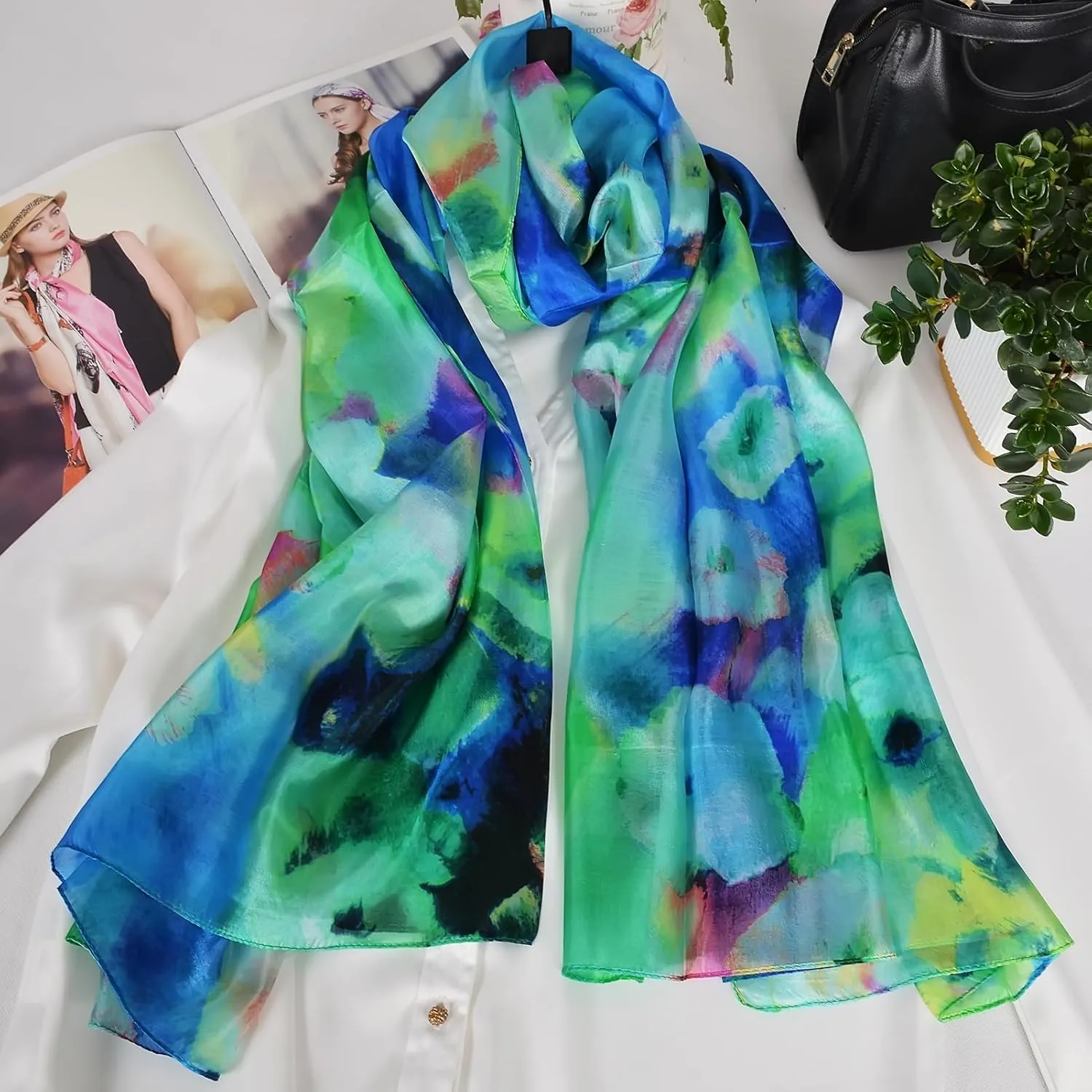 Women's 100% Mulberry Silk Long Scarf-Floral Print Lightweight Scarves-Oblong Summer Travel Sunscreen Shawl 69" x 43"