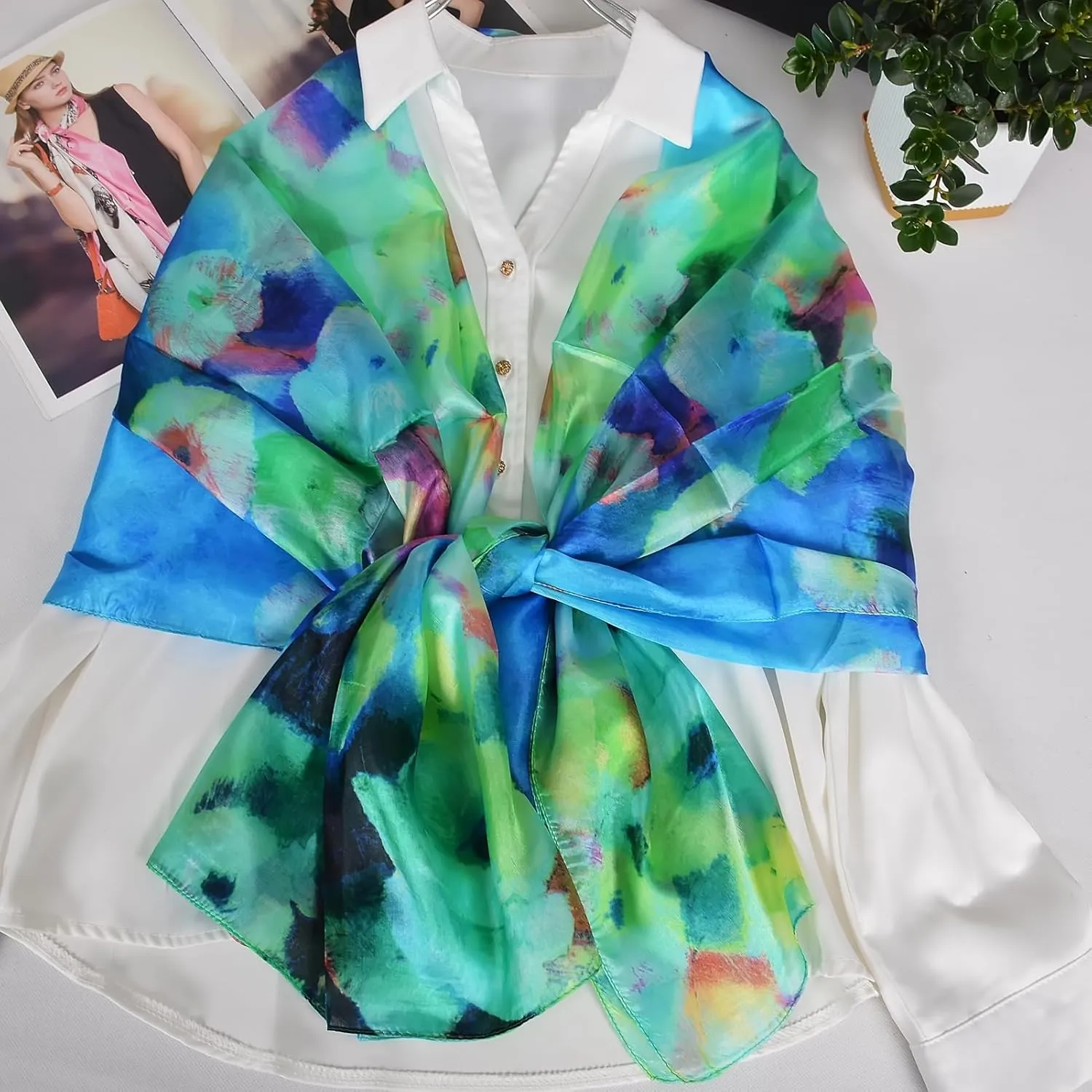 Women's 100% Mulberry Silk Long Scarf-Floral Print Lightweight Scarves-Oblong Summer Travel Sunscreen Shawl 69" x 43"