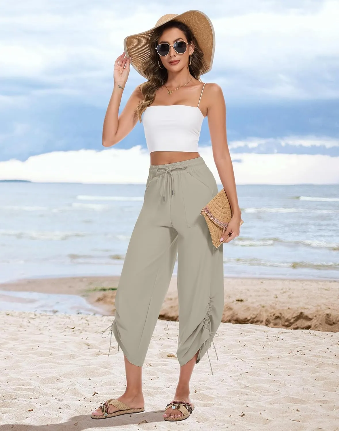 Women's 25" Wide Leg Beach Pants High Waisted Swim Capris Baggy Summer Travel Pant Quick Dry Flowy Cropped Bottoms