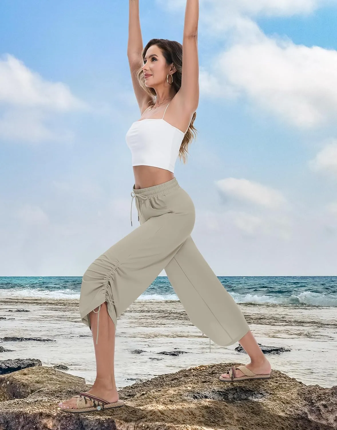 Women's 25" Wide Leg Beach Pants High Waisted Swim Capris Baggy Summer Travel Pant Quick Dry Flowy Cropped Bottoms