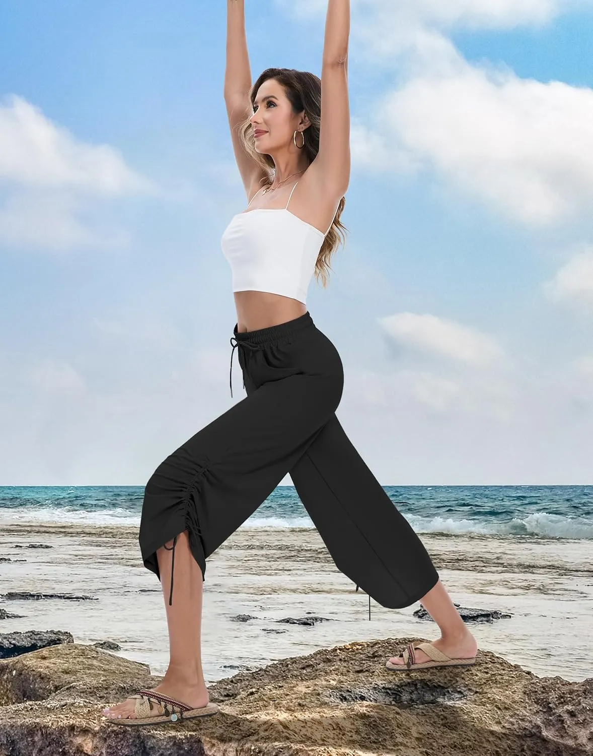 Women's 25" Wide Leg Beach Pants High Waisted Swim Capris Baggy Summer Travel Pant Quick Dry Flowy Cropped Bottoms