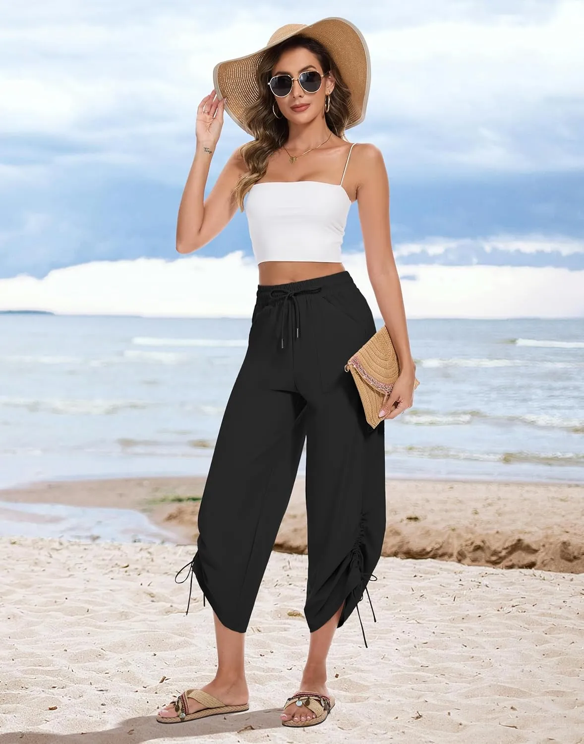 Women's 25" Wide Leg Beach Pants High Waisted Swim Capris Baggy Summer Travel Pant Quick Dry Flowy Cropped Bottoms