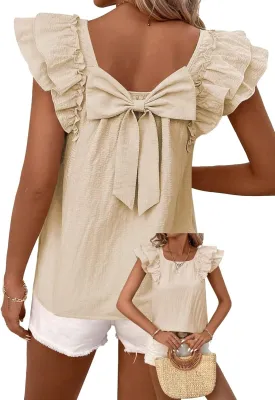 Womens Bow Tie Back Tops Round Neck Ruffle Short Sleeve Shirts Cute Babydoll Chiffon Tee Women Summer Trendy Tunic