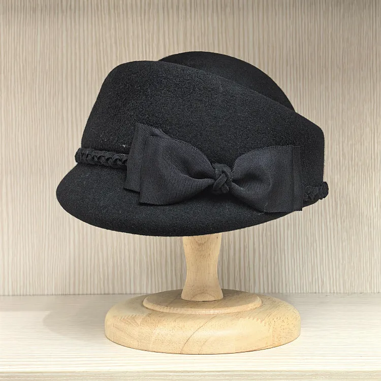 Women’s Wool Felt Cloche-Style Beret with Braid and Bow Accents