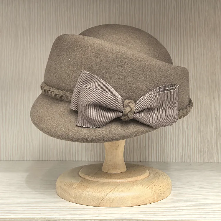 Women’s Wool Felt Cloche-Style Beret with Braid and Bow Accents
