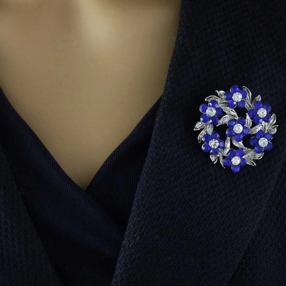 Wreath of Blue Daisies with Clear Crystals Brooch Pin - PRL702