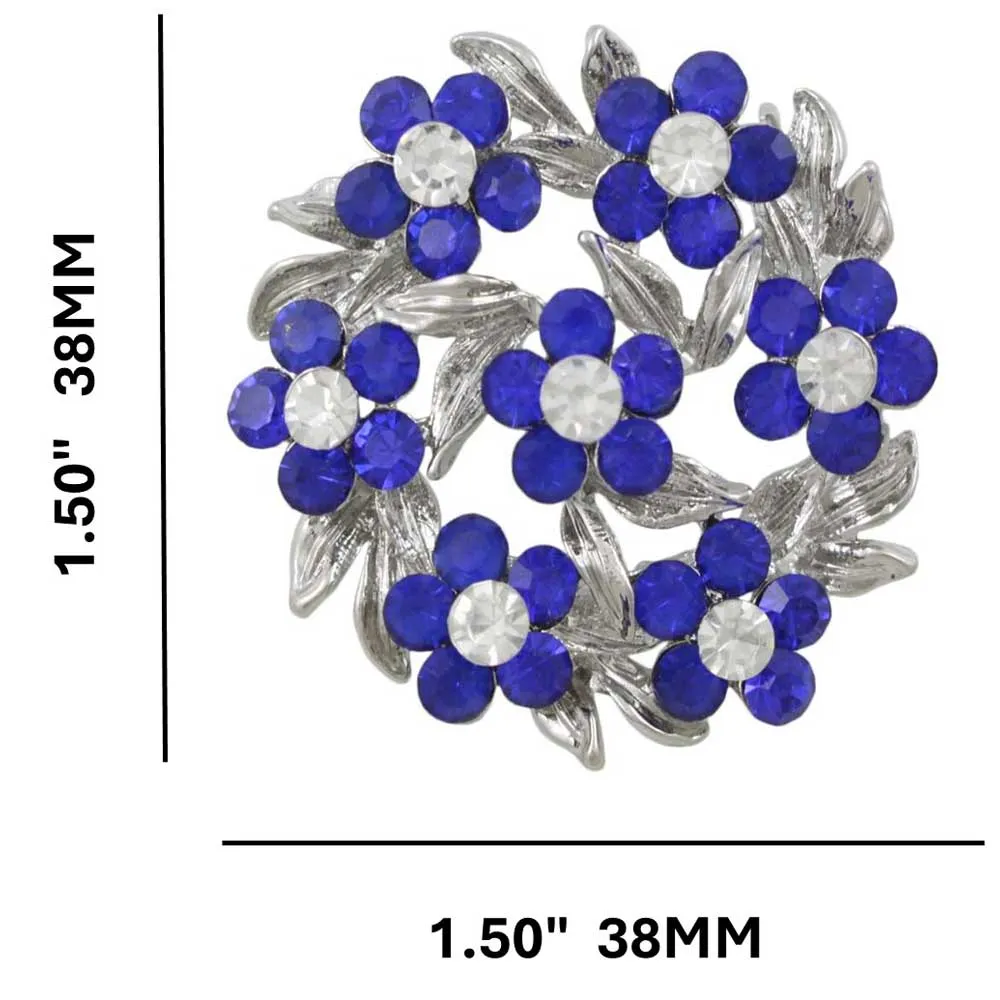 Wreath of Blue Daisies with Clear Crystals Brooch Pin - PRL702