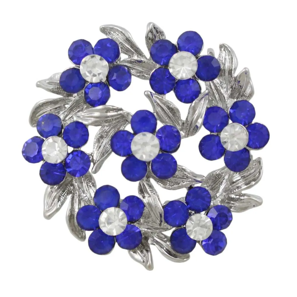 Wreath of Blue Daisies with Clear Crystals Brooch Pin - PRL702