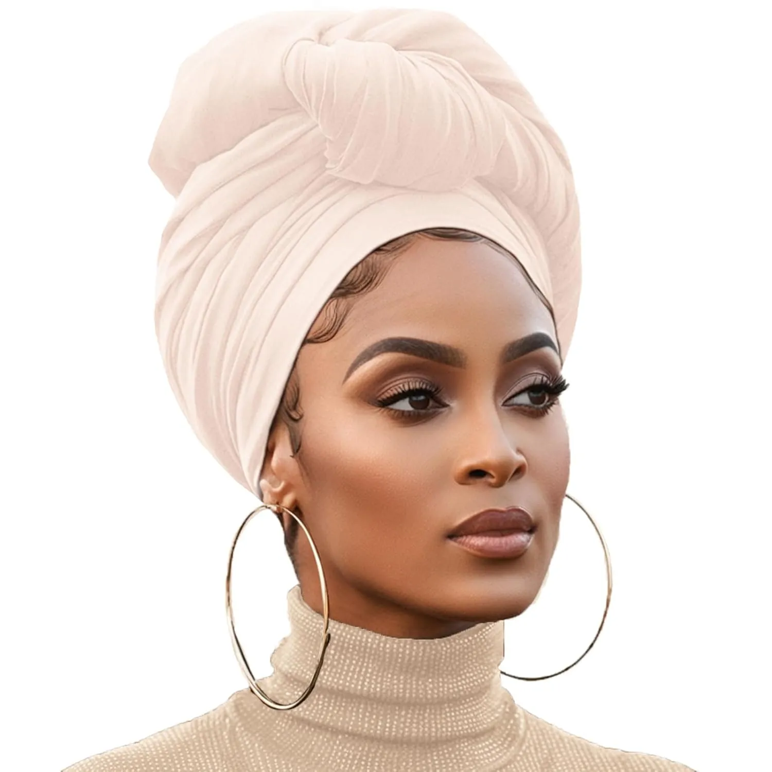 XTREND 1 Piece Stretch Head Wraps Fashion Headband African Solid Color Turban Neck Sleeve Soft Breathable headwrap for Women (Beige)