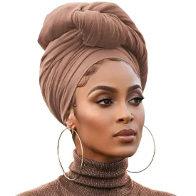 XTREND 1 Piece Turbans for Women Stretch Jersey Headwraps Fashion Neck Sleeve Sleeping Turban Solid Color Head Wrap Extra Wide Turban Caps Soft Breathable African Headwrap for Women (Camel)